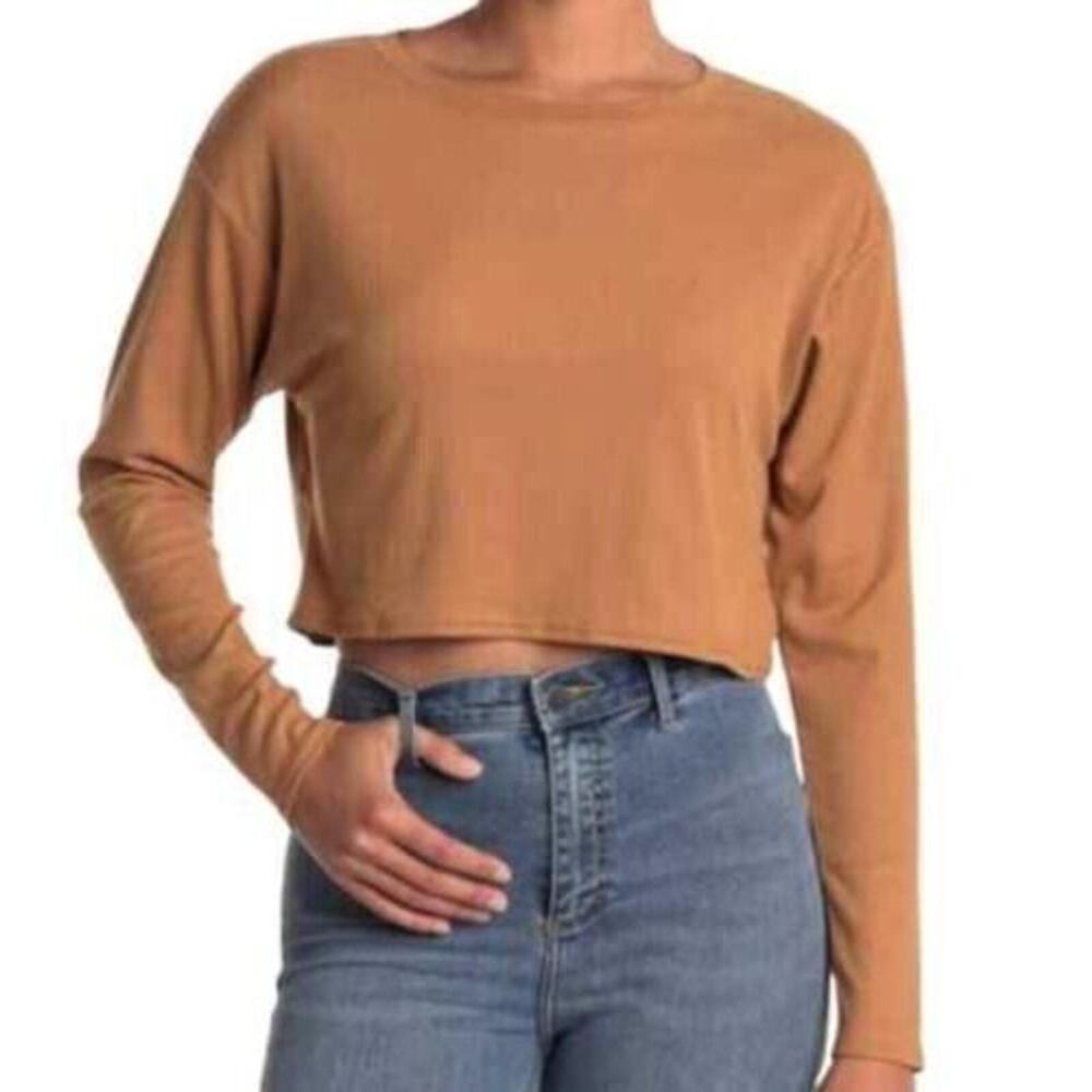 Abound Womens Cropped Ribbed Knit Long Sleeve Crew Neck Shirt In Tan Dale Large